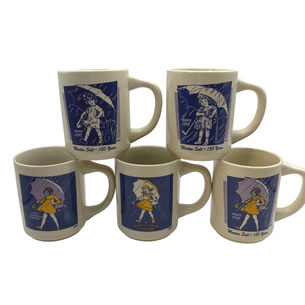Vtg Morton Salt 150th Anniversary 5 Mug Set Bryan China Cottagecore Grandma Chic